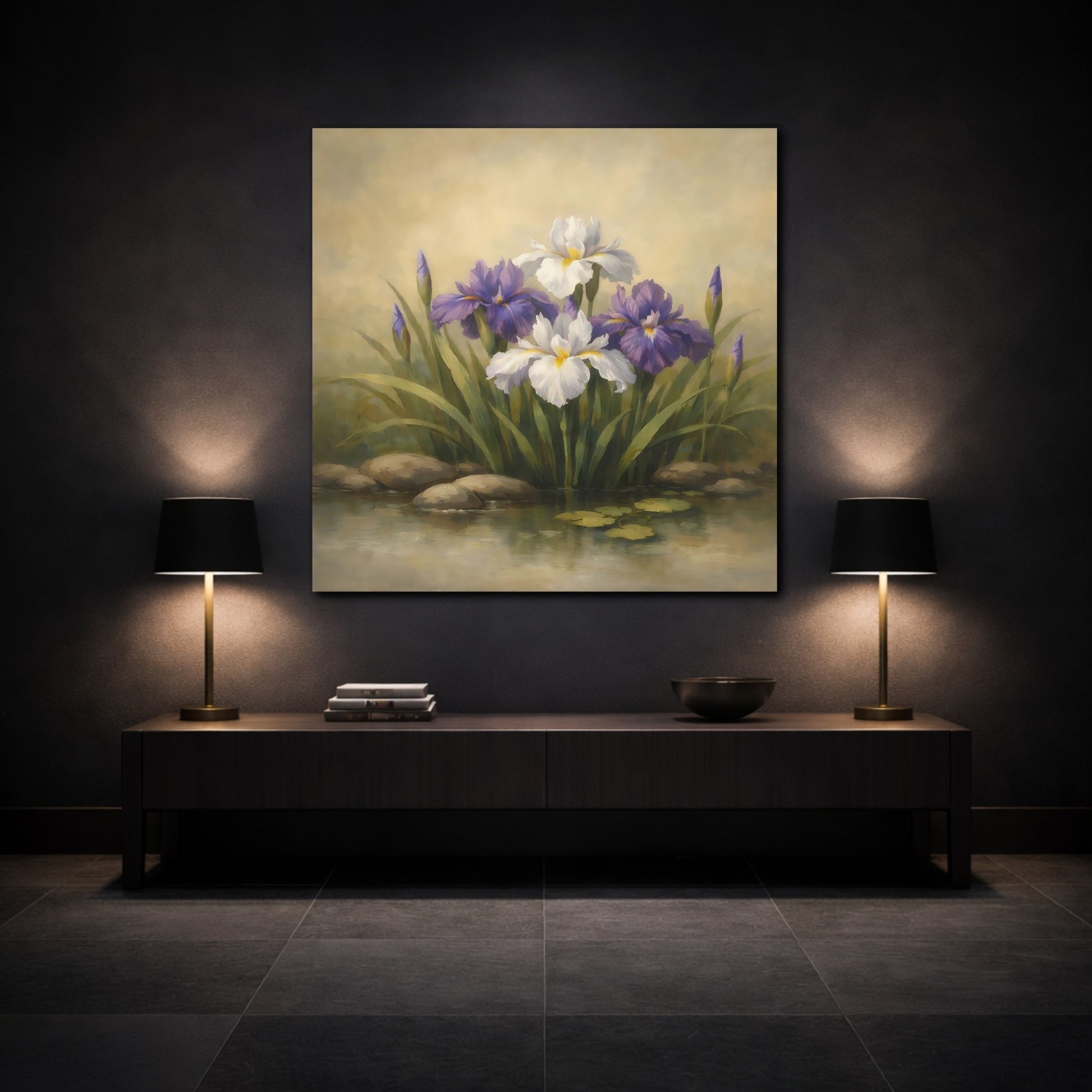 Mockup 3. Floral Iris Flowers Purple And White Floral shown as stretched canvas wall art