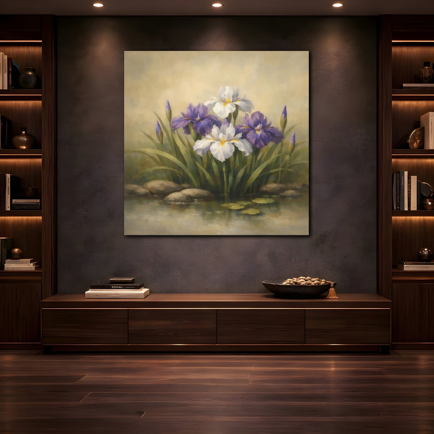 Mockup 4. Floral Iris Flowers Purple And White Floral shown as stretched canvas wall art