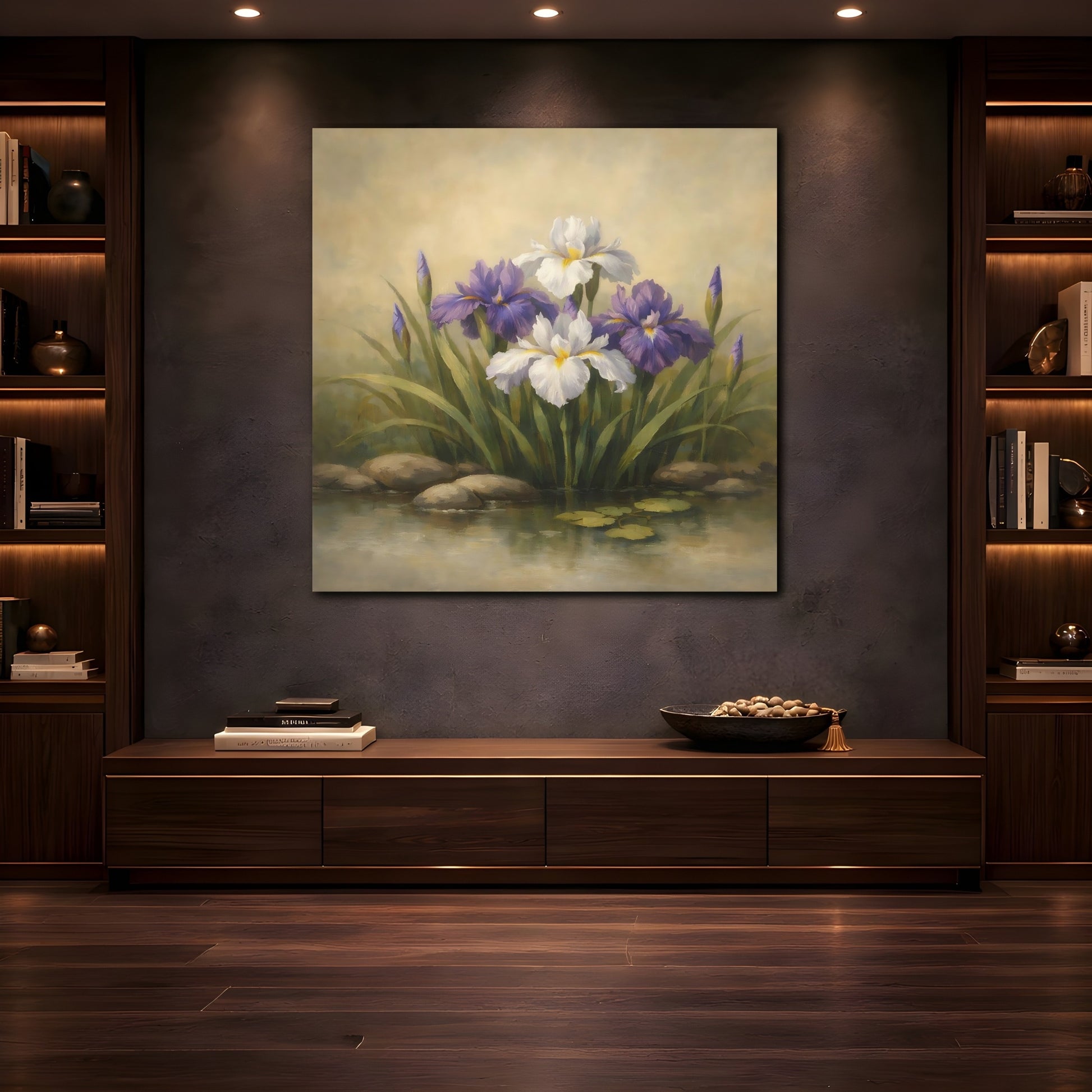 Mockup 4. Floral Iris Flowers Purple And White Floral shown as stretched canvas wall art