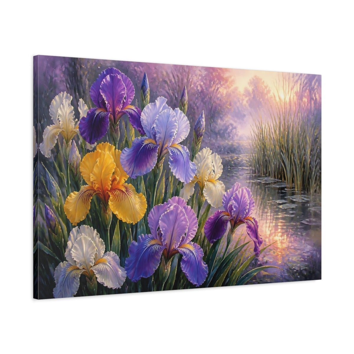 Main Mockup. Floral Irises At Dawn shown as canvas print