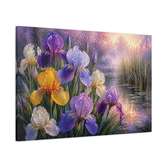 Main Mockup. Floral Irises At Dawn shown as canvas print