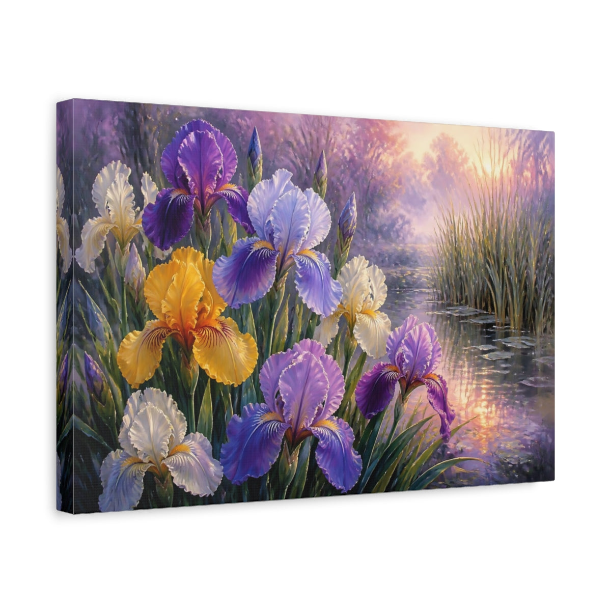 Side Mockup 4. Floral Irises At Dawn shown as canvas print