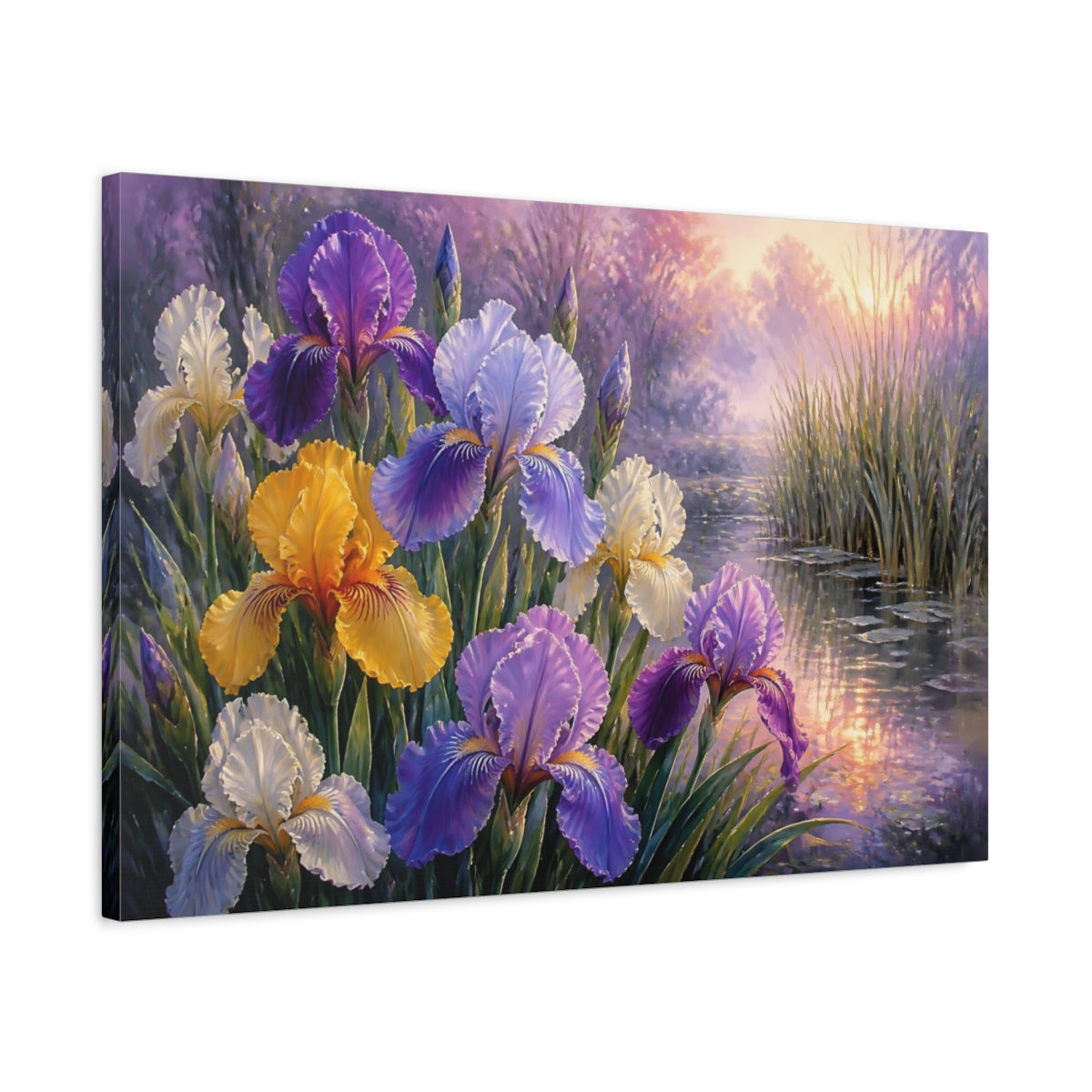 Side Mockup 2. Floral Irises At Dawn shown as canvas print