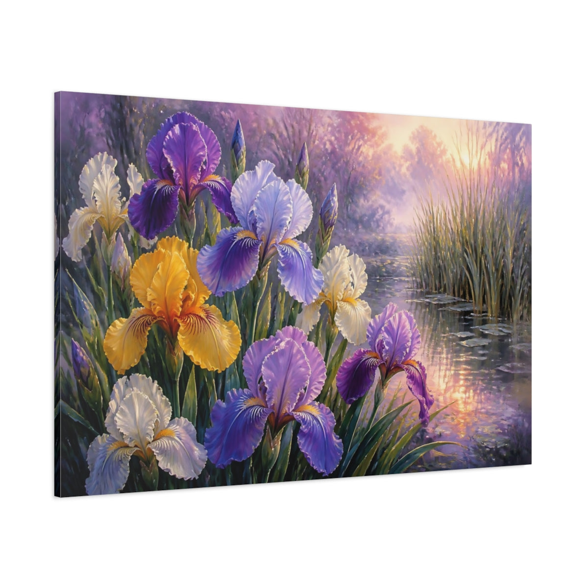 Side Mockup 1. Floral Irises At Dawn shown as canvas print