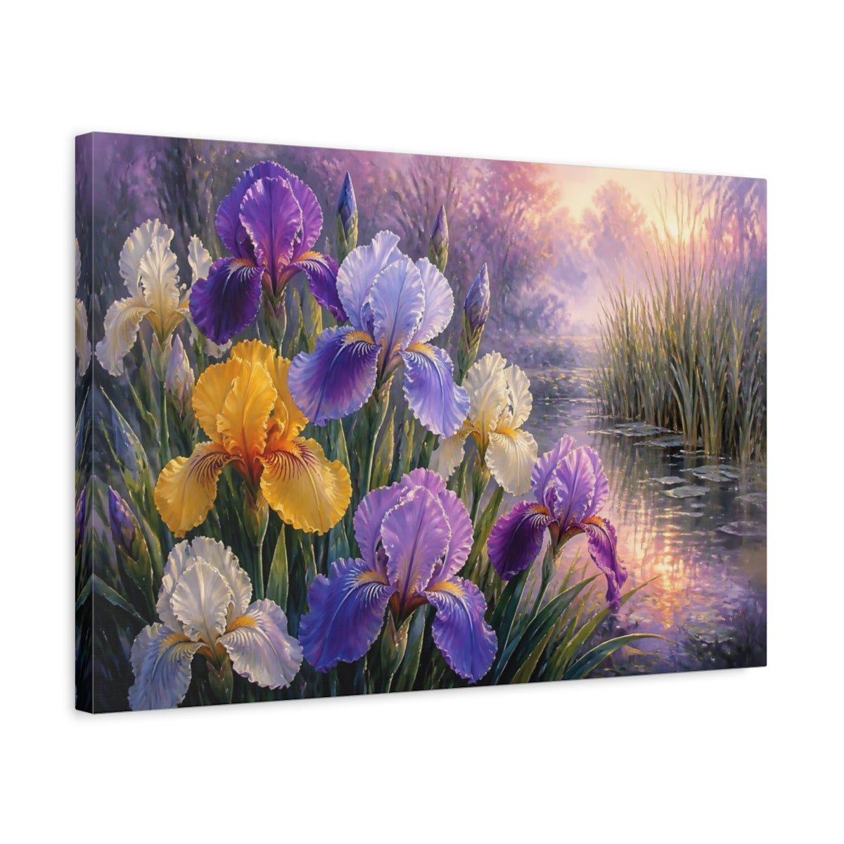 Side Mockup 3. Floral Irises At Dawn shown as canvas print