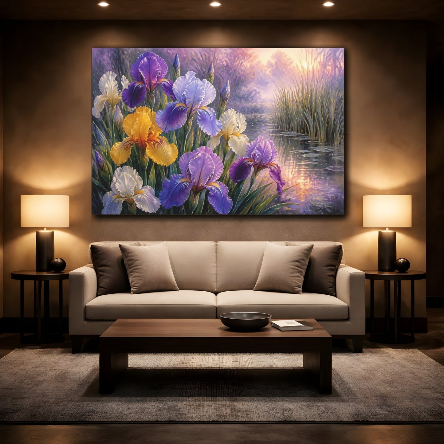 Mockup 2. Floral Irises At Dawn shown as canvas print
