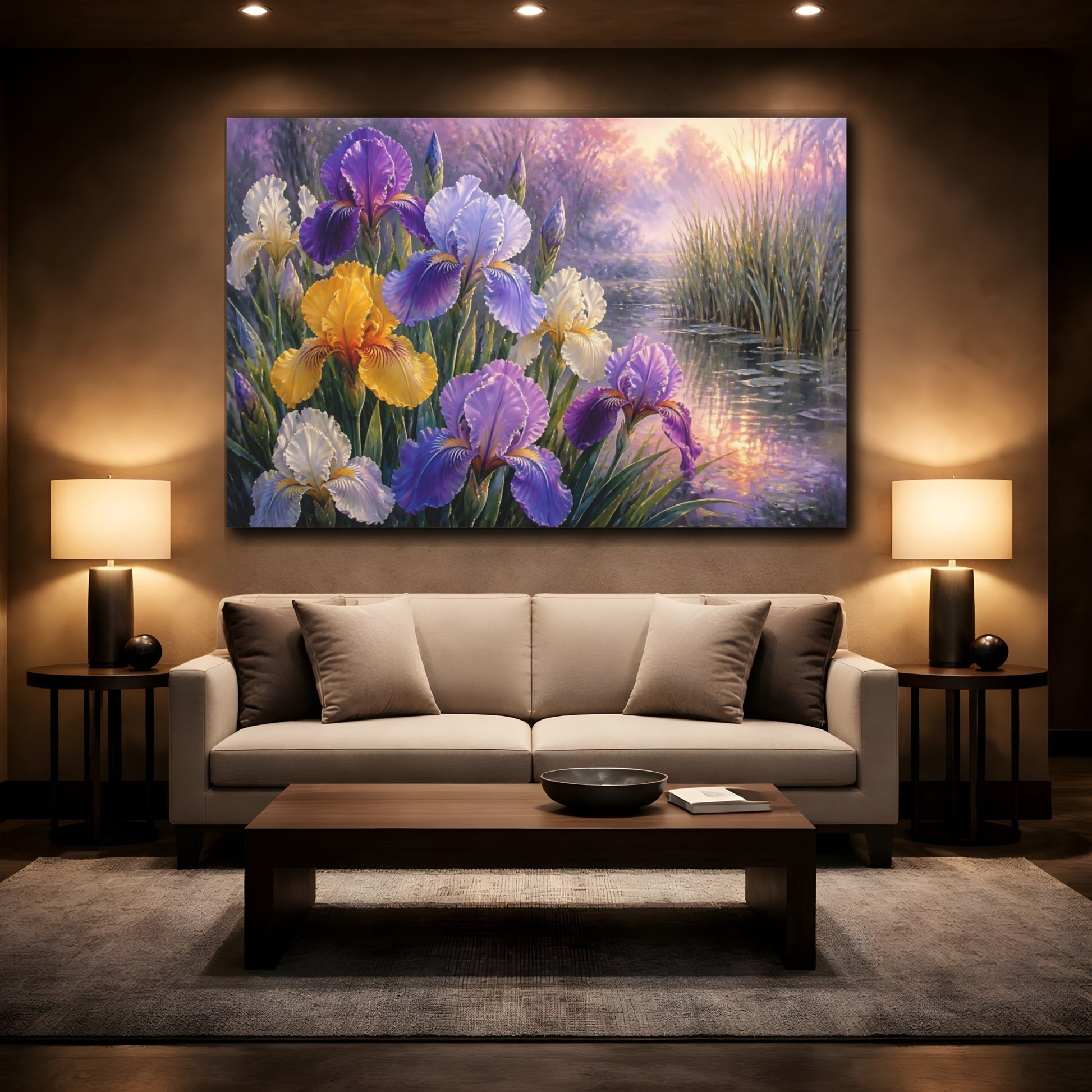 Mockup 2. Floral Irises At Dawn shown as canvas print
