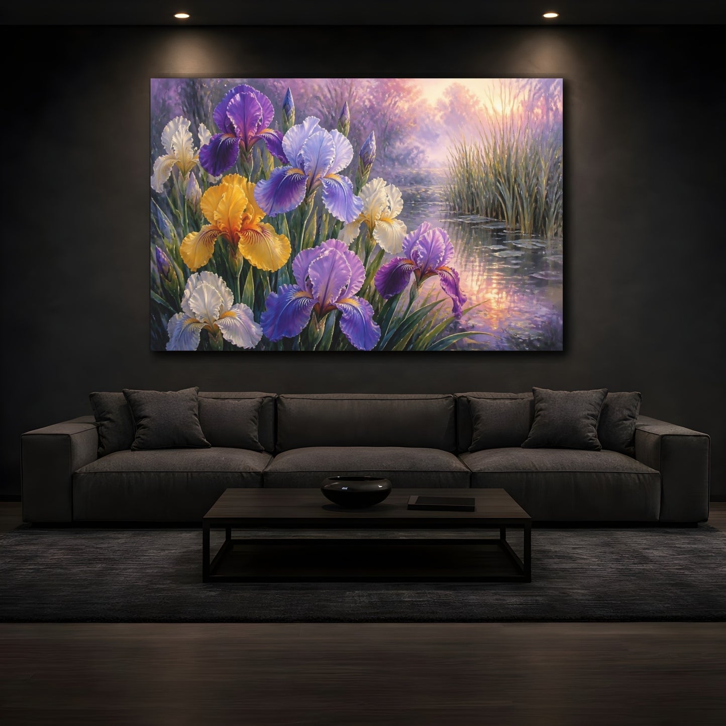Mockup 3. Floral Irises At Dawn shown as canvas print