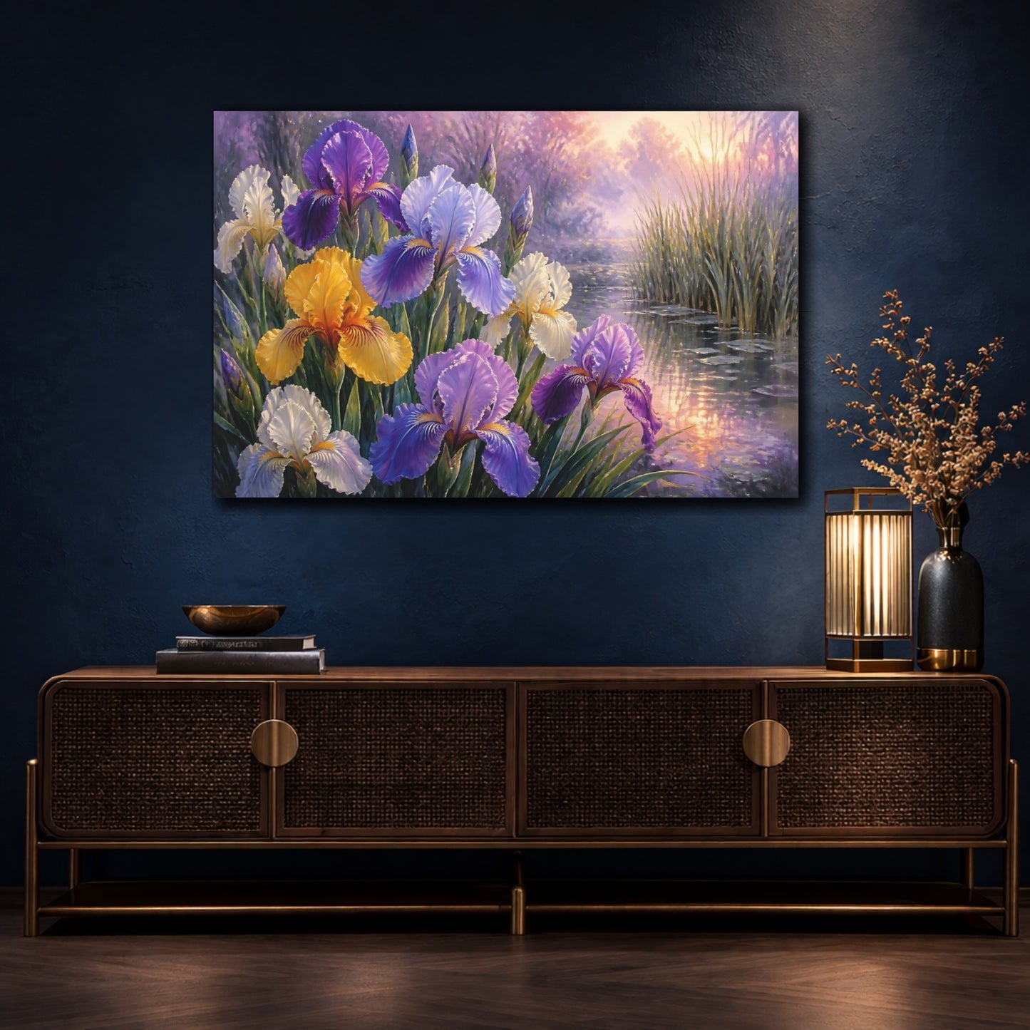 Mockup 4. Floral Irises At Dawn shown as canvas print