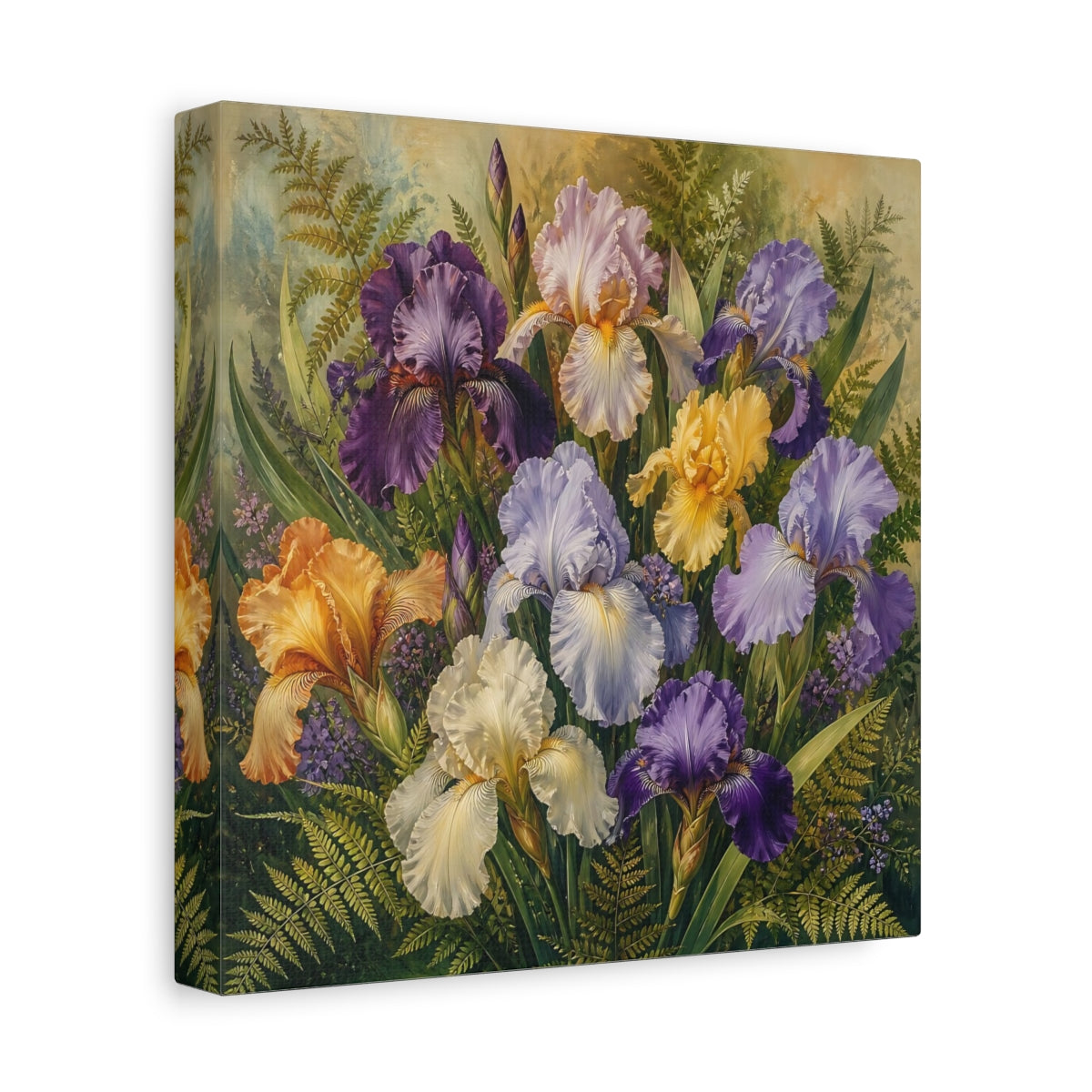 Side Mockup 9. Floral Irises Multicolor Irises shown as stretched canvas wall art