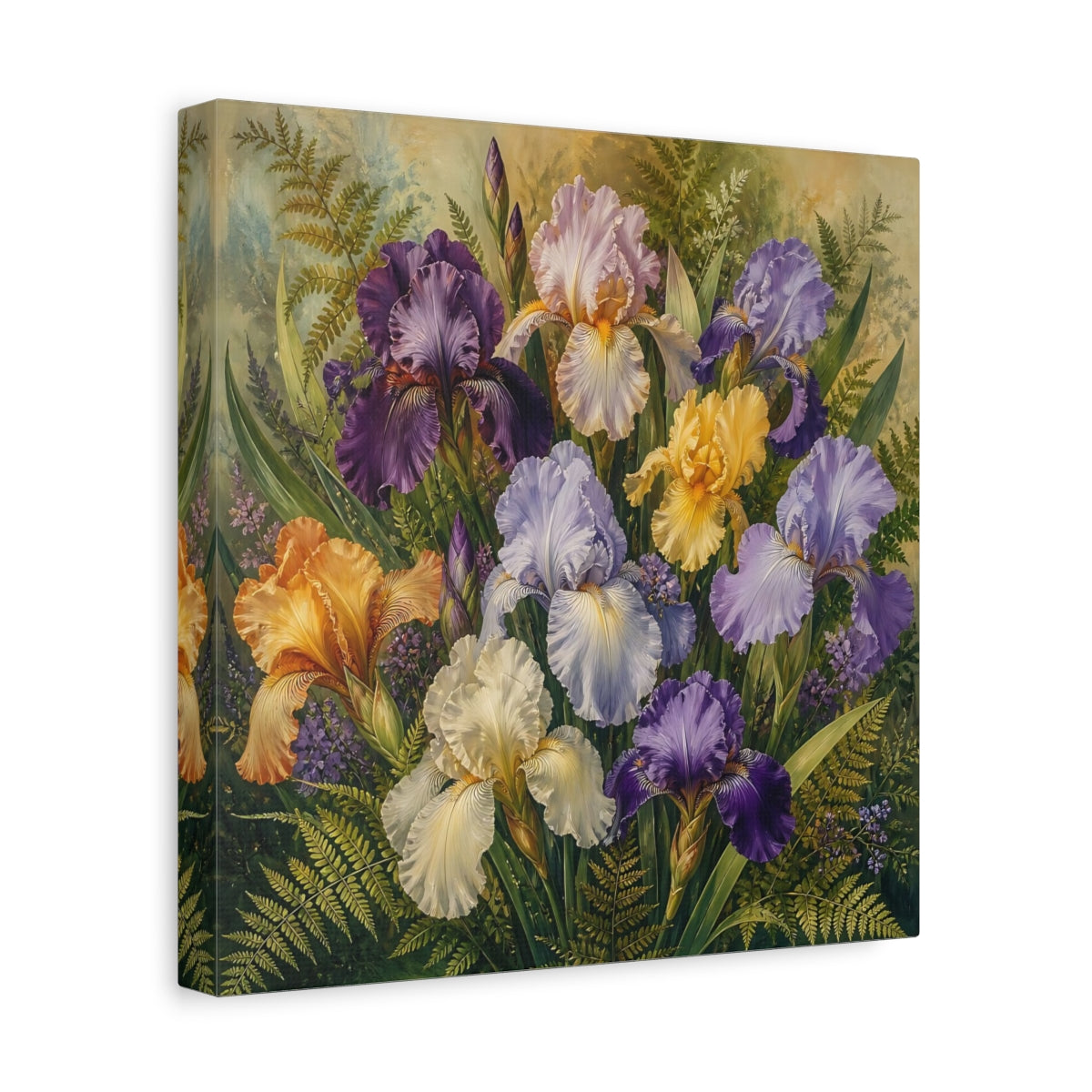 Side Mockup 8. Floral Irises Multicolor Irises shown as stretched canvas wall art