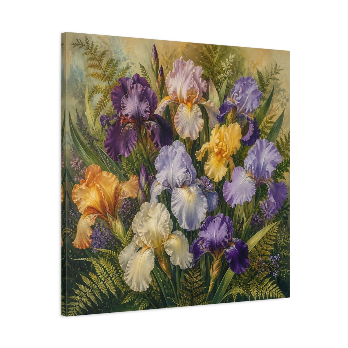 Side Mockup 3. Floral Irises Multicolor Irises shown as stretched canvas wall art
