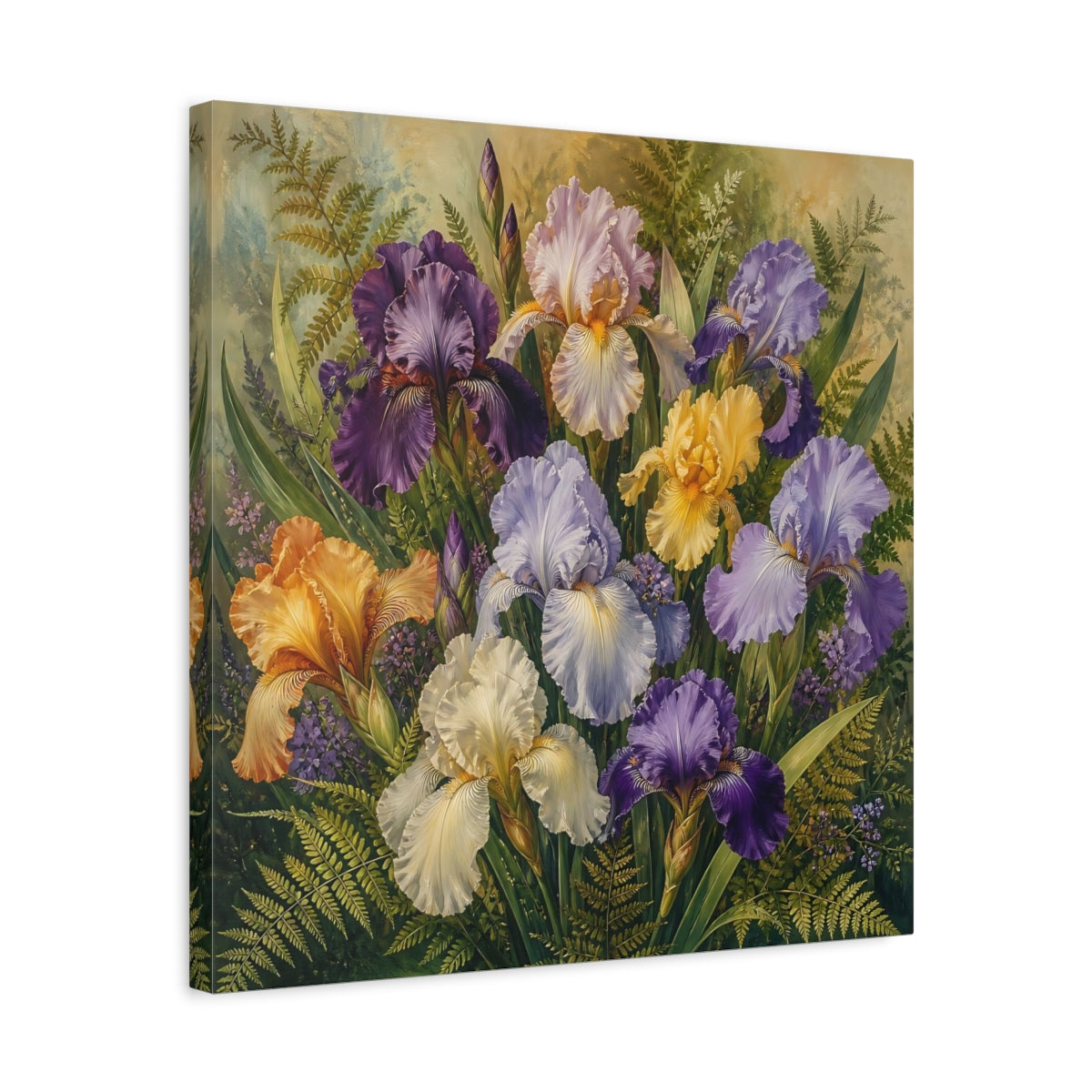 Side Mockup 5. Floral Irises Multicolor Irises shown as stretched canvas wall art