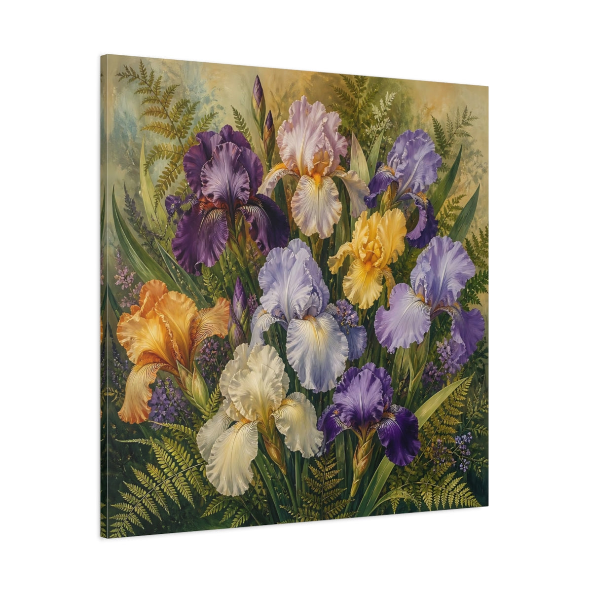 Side Mockup 1. Floral Irises Multicolor Irises shown as stretched canvas wall art