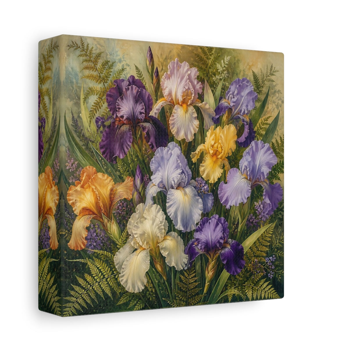 Side Mockup 2. Floral Irises Multicolor Irises shown as stretched canvas wall art