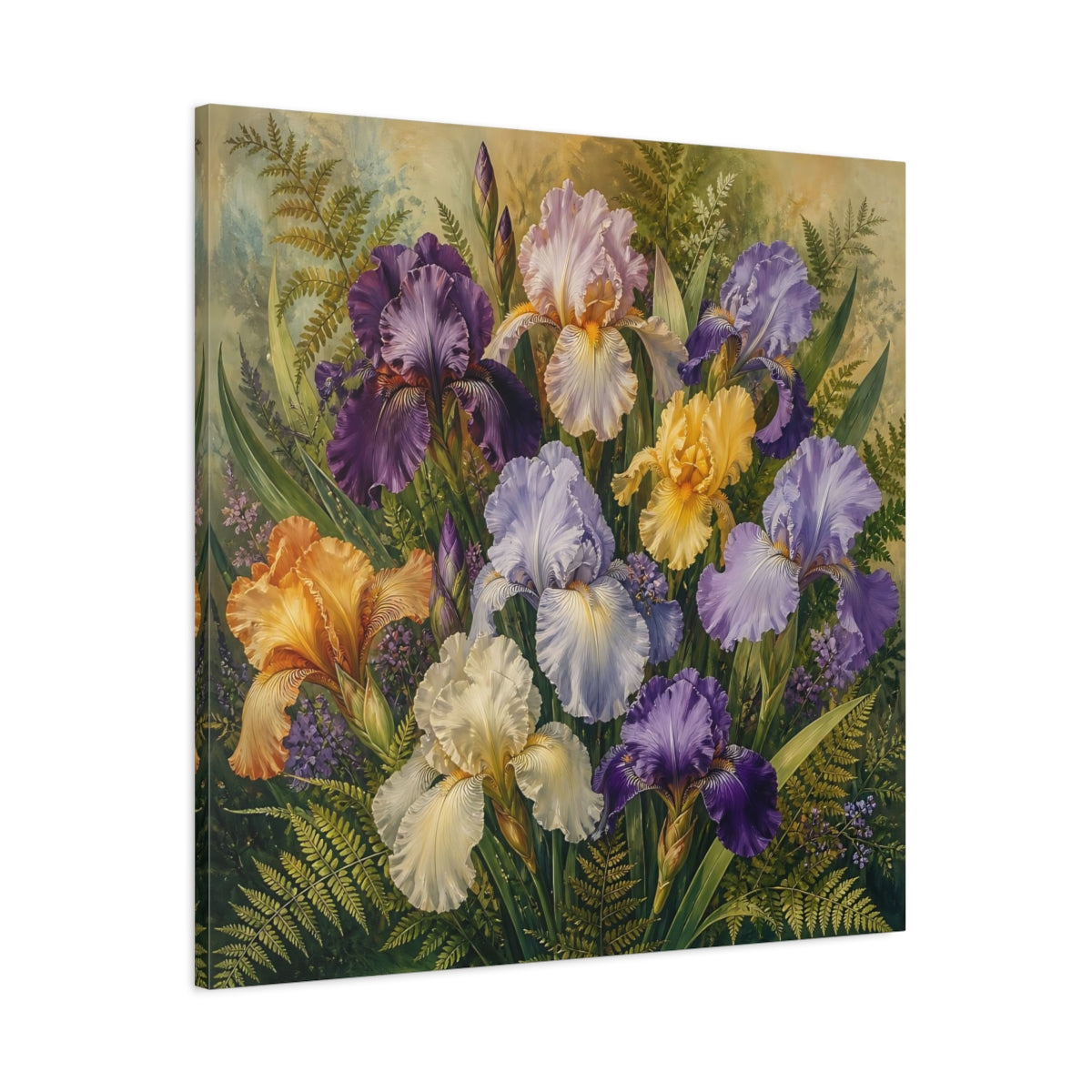 Main Mockup. Floral Irises Multicolor Irises shown as stretched canvas wall art