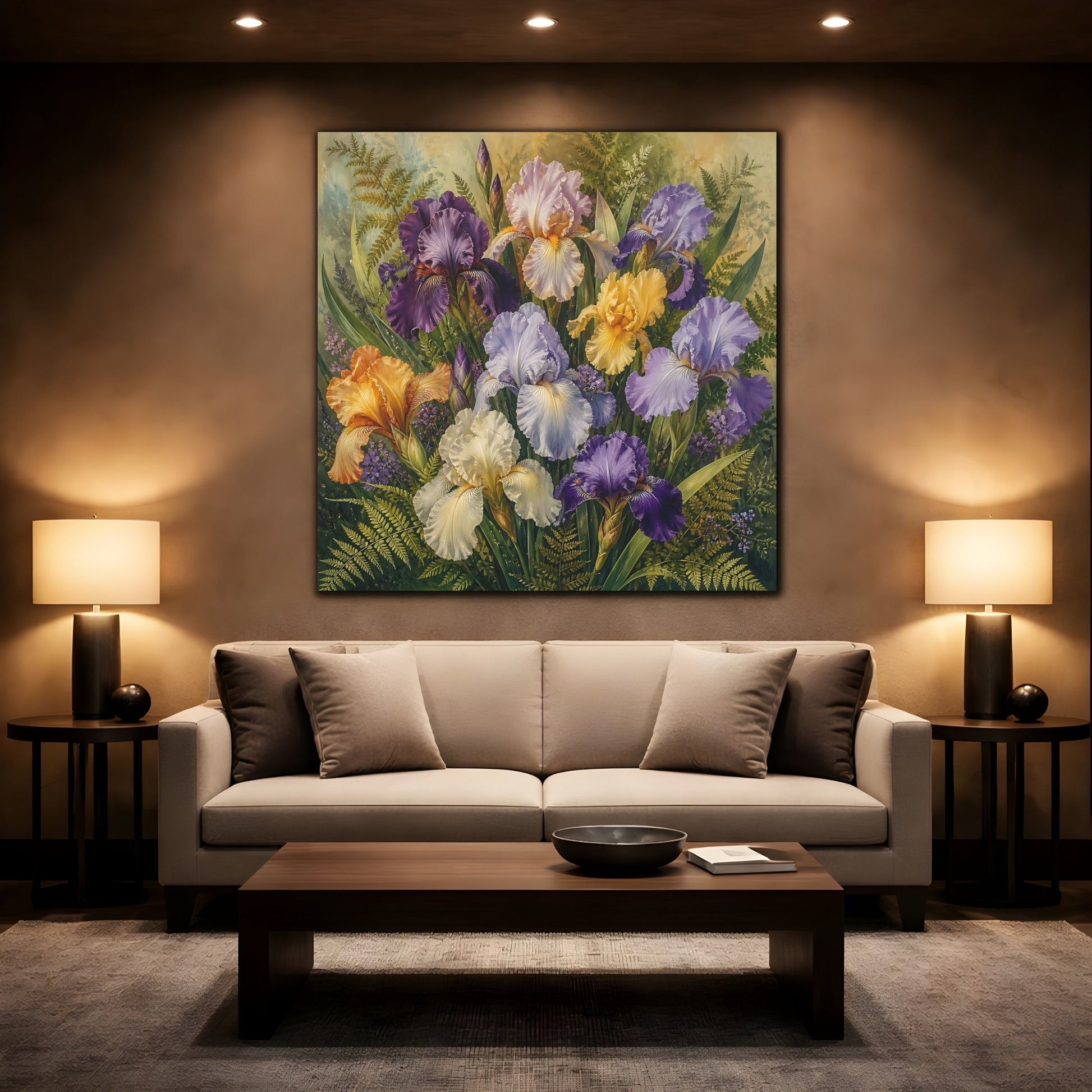 Mockup 2. Floral Irises Multicolor Irises shown as stretched canvas wall art