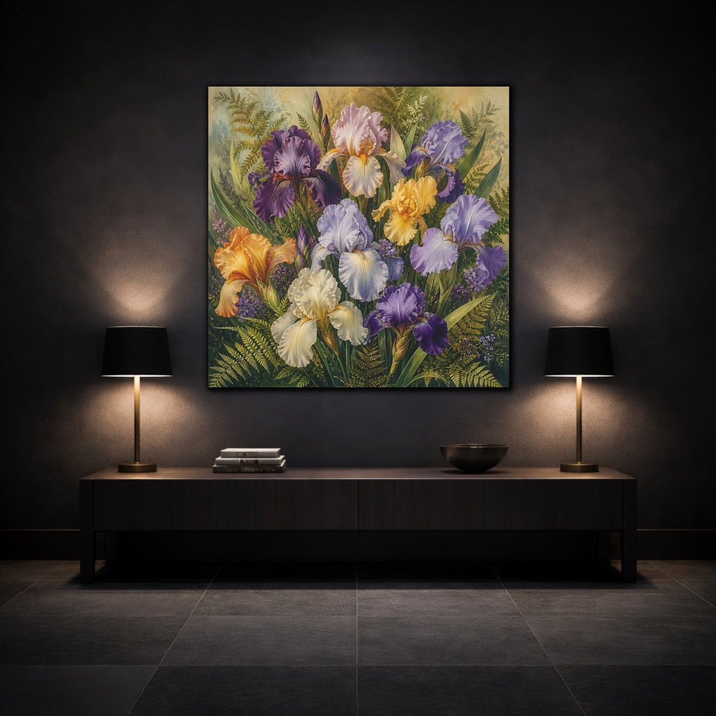Mockup 3. Floral Irises Multicolor Irises shown as stretched canvas wall art