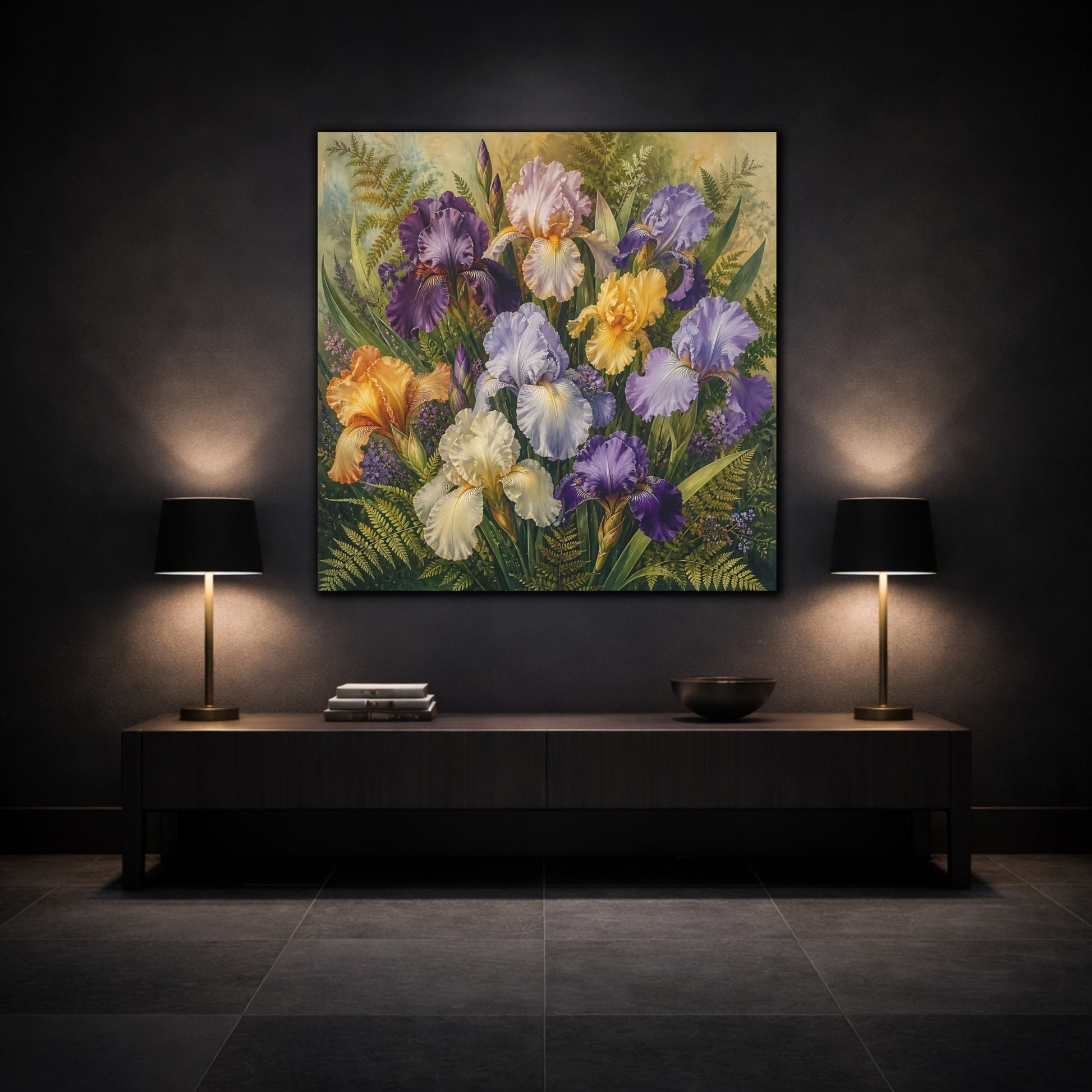Mockup 3. Floral Irises Multicolor Irises shown as stretched canvas wall art
