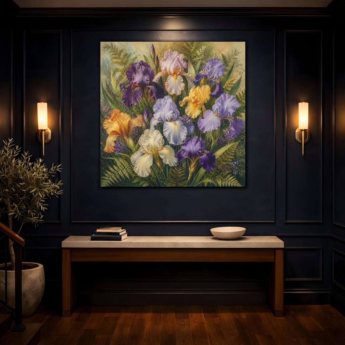 Mockup 4. Floral Irises Multicolor Irises shown as stretched canvas wall art