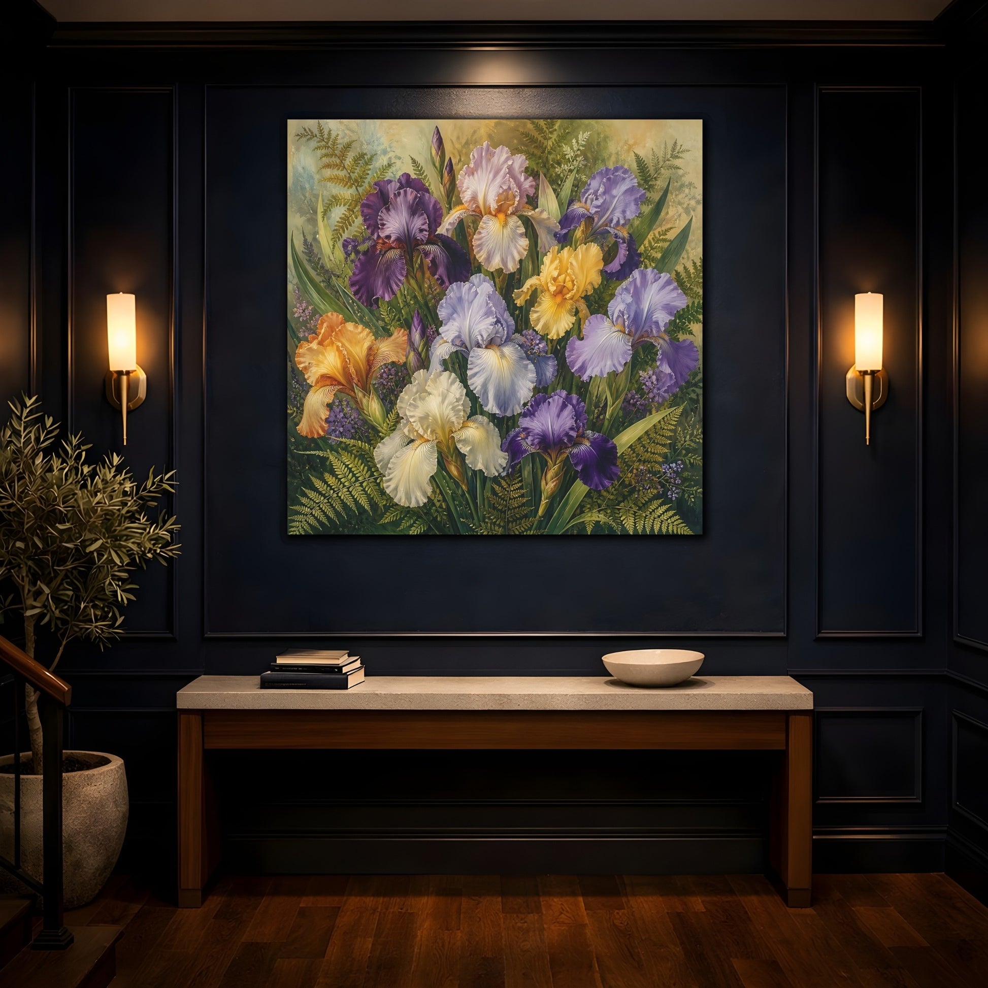Mockup 4. Floral Irises Multicolor Irises shown as stretched canvas wall art