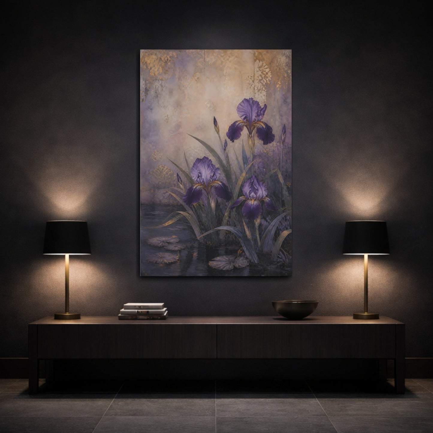 Floral Irises Purple And Gold Canvas Print Wall Art – Vintage Living Room, Large - YesArtYes