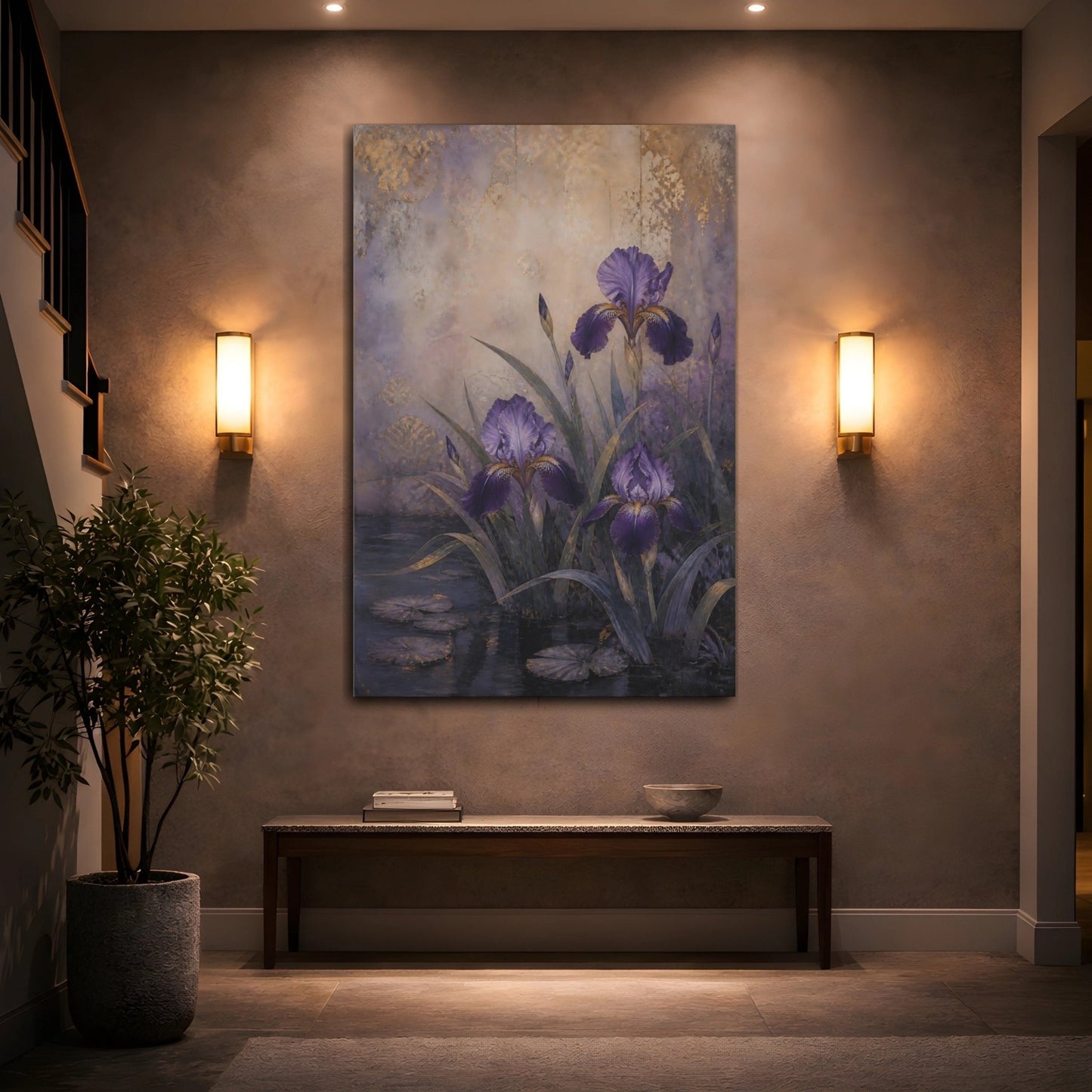 Floral Irises Purple And Gold Canvas Print Wall Art – Vintage Living Room, Large - YesArtYes