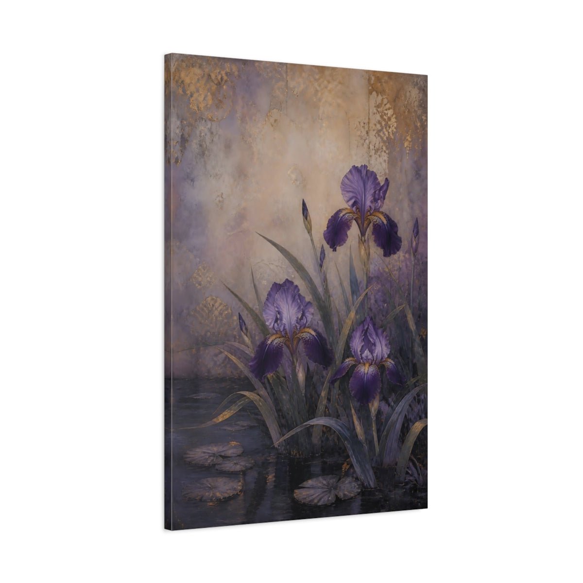Floral Irises Purple And Gold Canvas Print Wall Art – Vintage Living Room, Large - YesArtYes