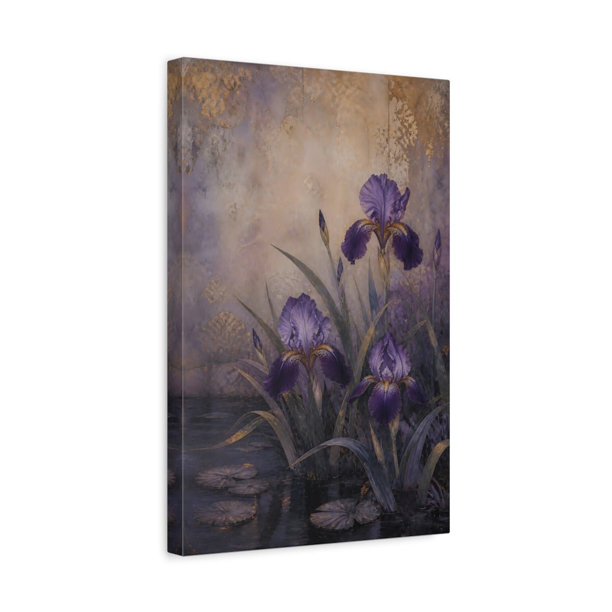 Floral Irises Purple And Gold Canvas Print Wall Art – Vintage Living Room, Large - YesArtYes