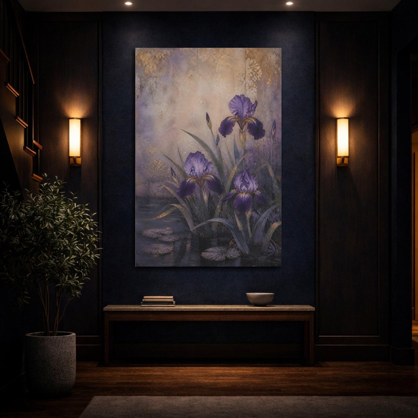 Floral Irises Purple And Gold Canvas Print Wall Art – Vintage Living Room, Large - YesArtYes