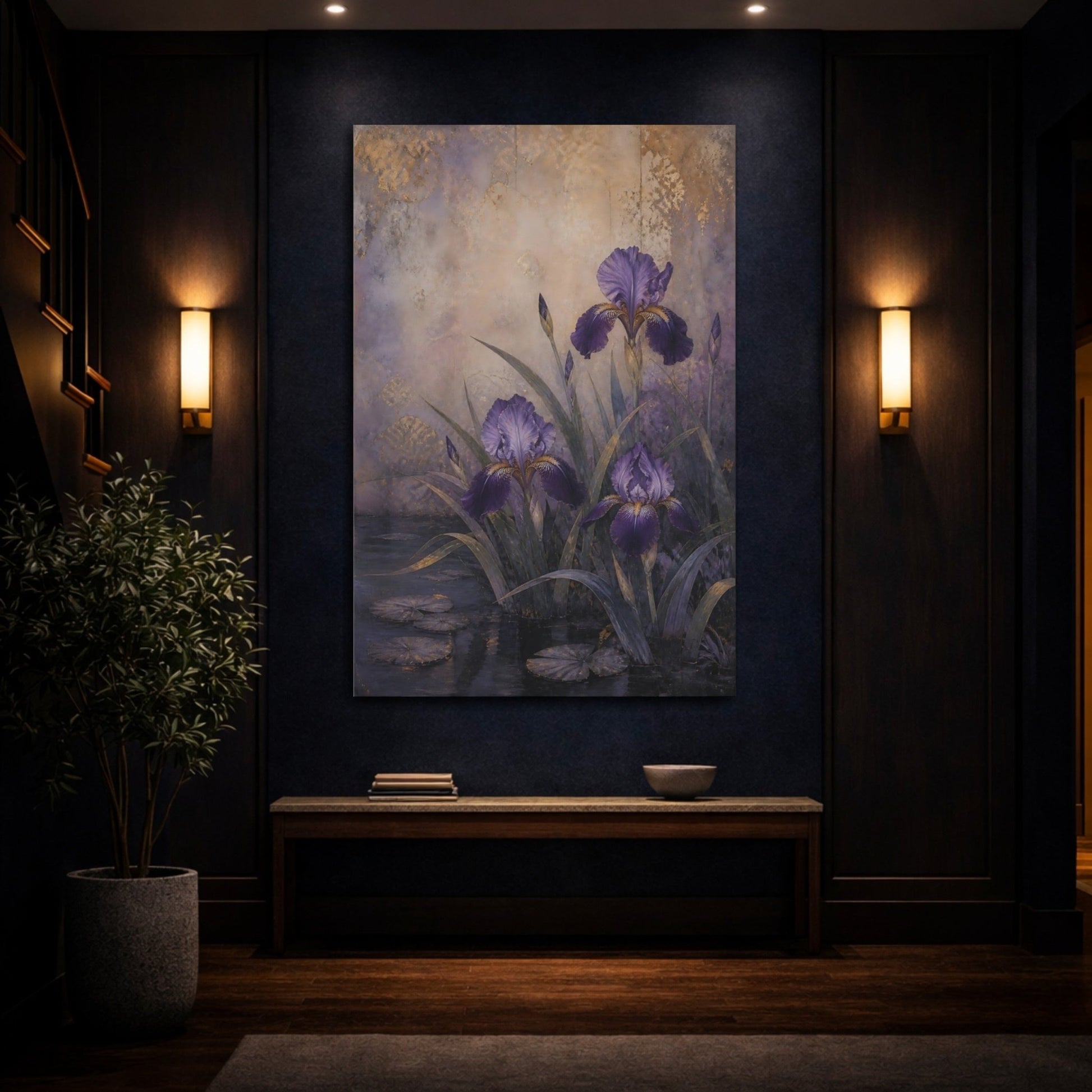 Floral Irises Purple And Gold Canvas Print Wall Art – Vintage Living Room, Large - YesArtYes