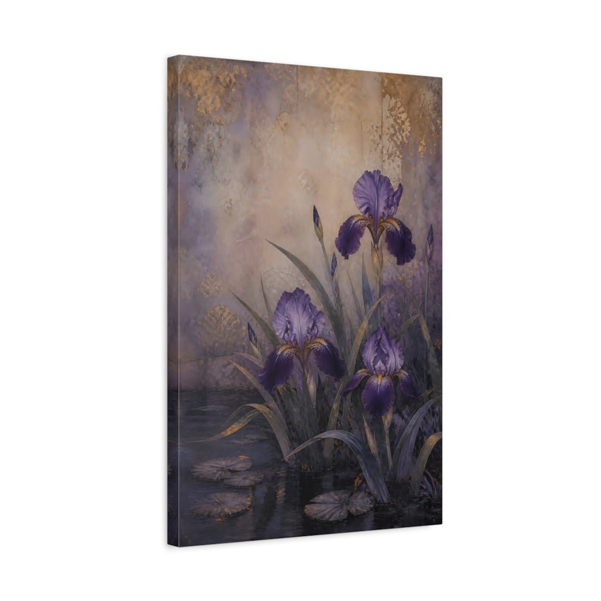 Floral Irises Purple And Gold Canvas Print Wall Art – Vintage Living Room, Large - YesArtYes