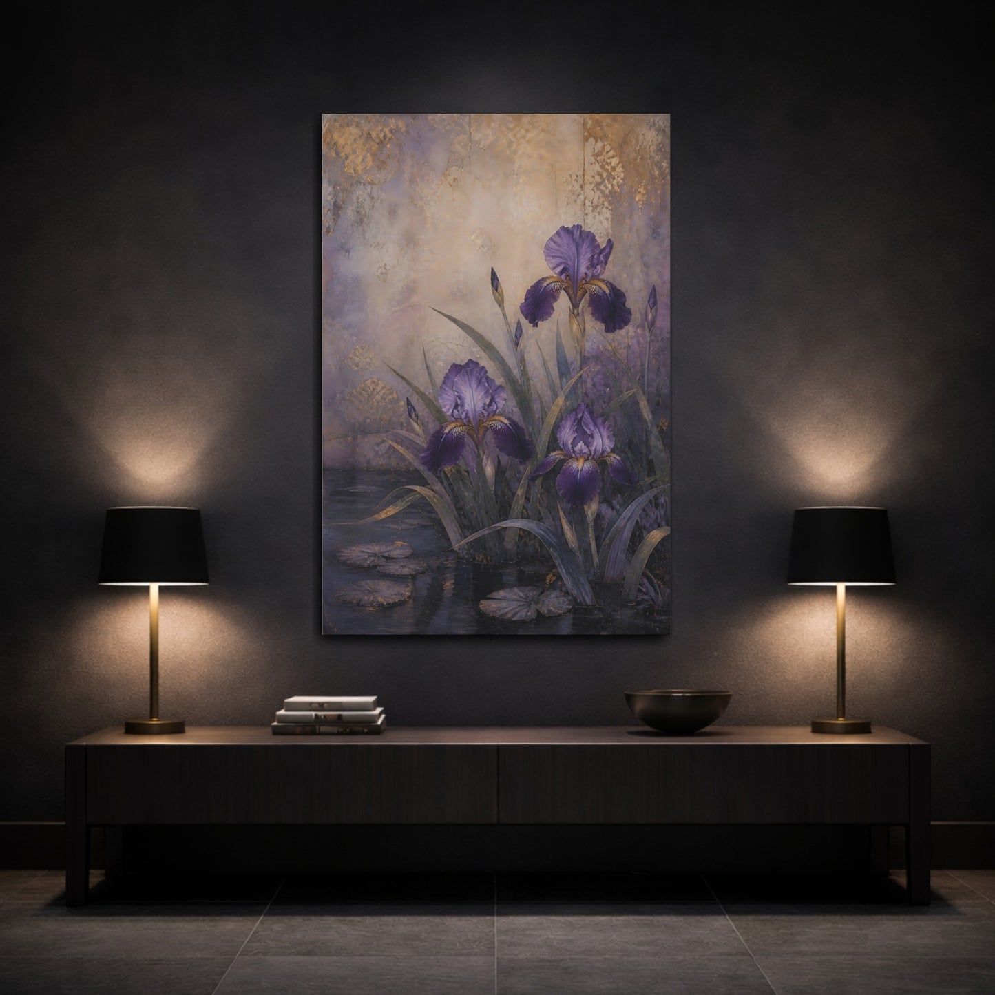 Mockup 3. Floral Irises Purple And Gold shown as canvas print