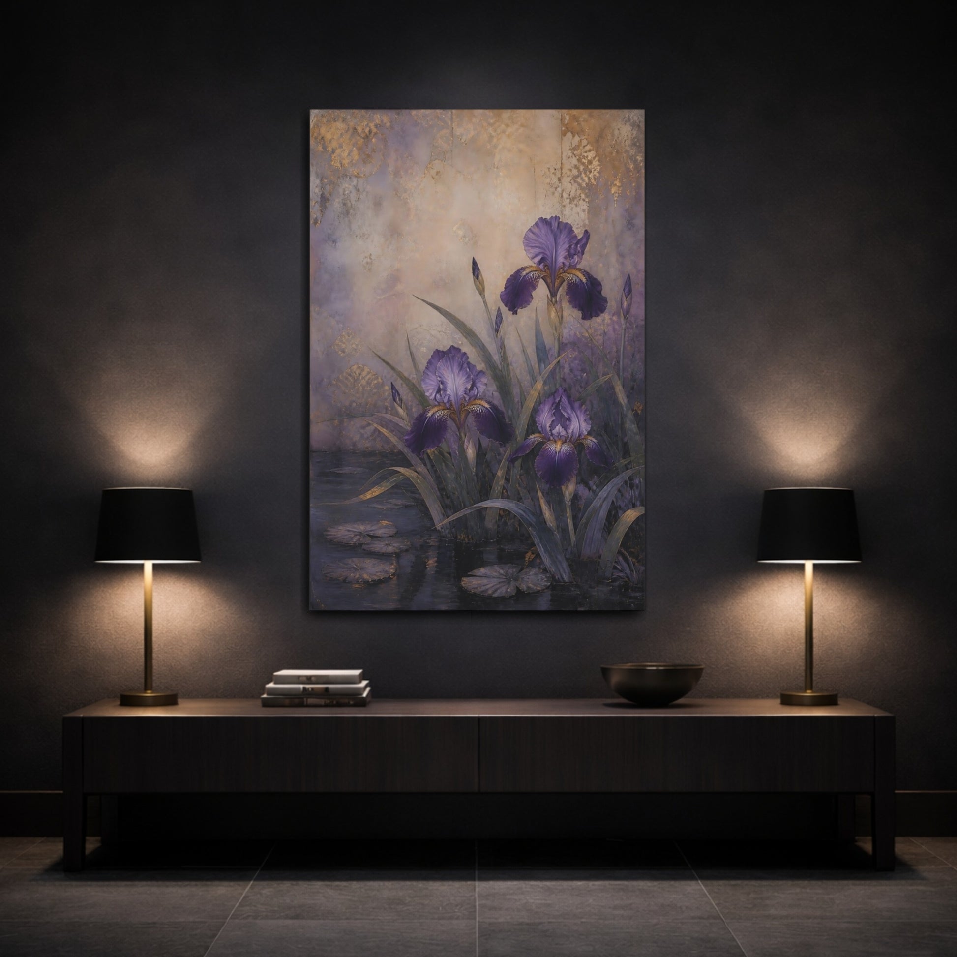 Mockup 3. Floral Irises Purple And Gold shown as canvas print