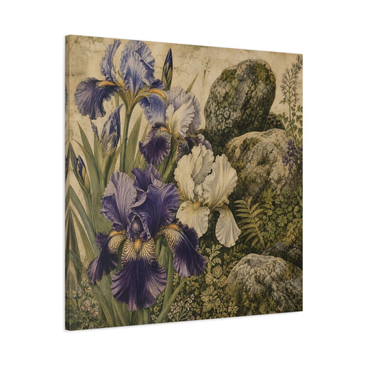 Main Mockup. Floral Irises Purple And White Irises shown as stretched canvas wall art