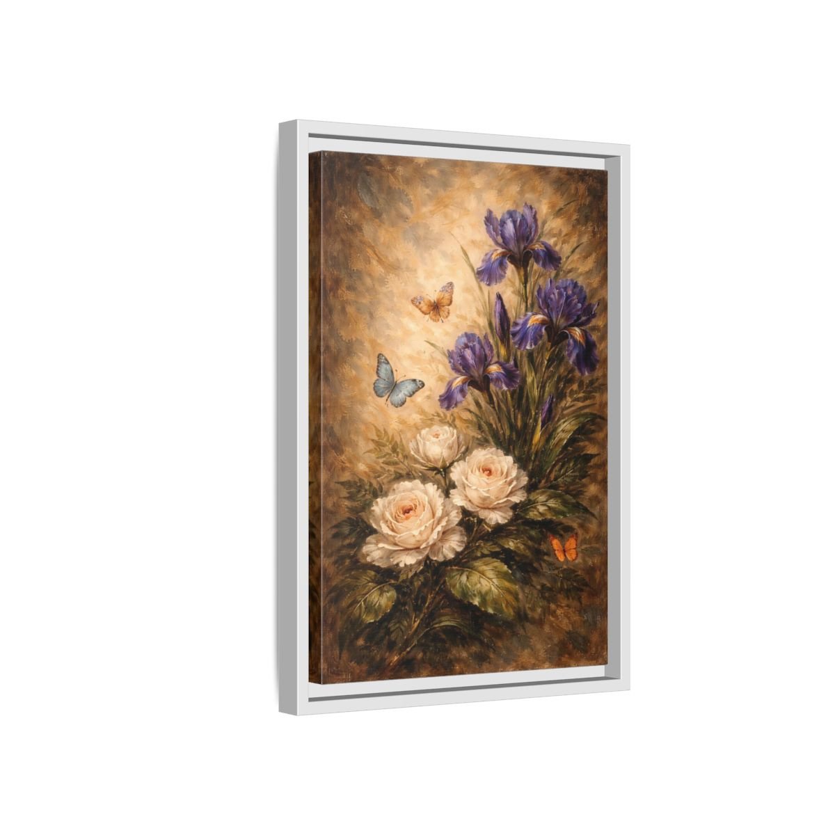 Floral Irises Roses Purple - Framed Canvas Wall Art Print - YesArtYes