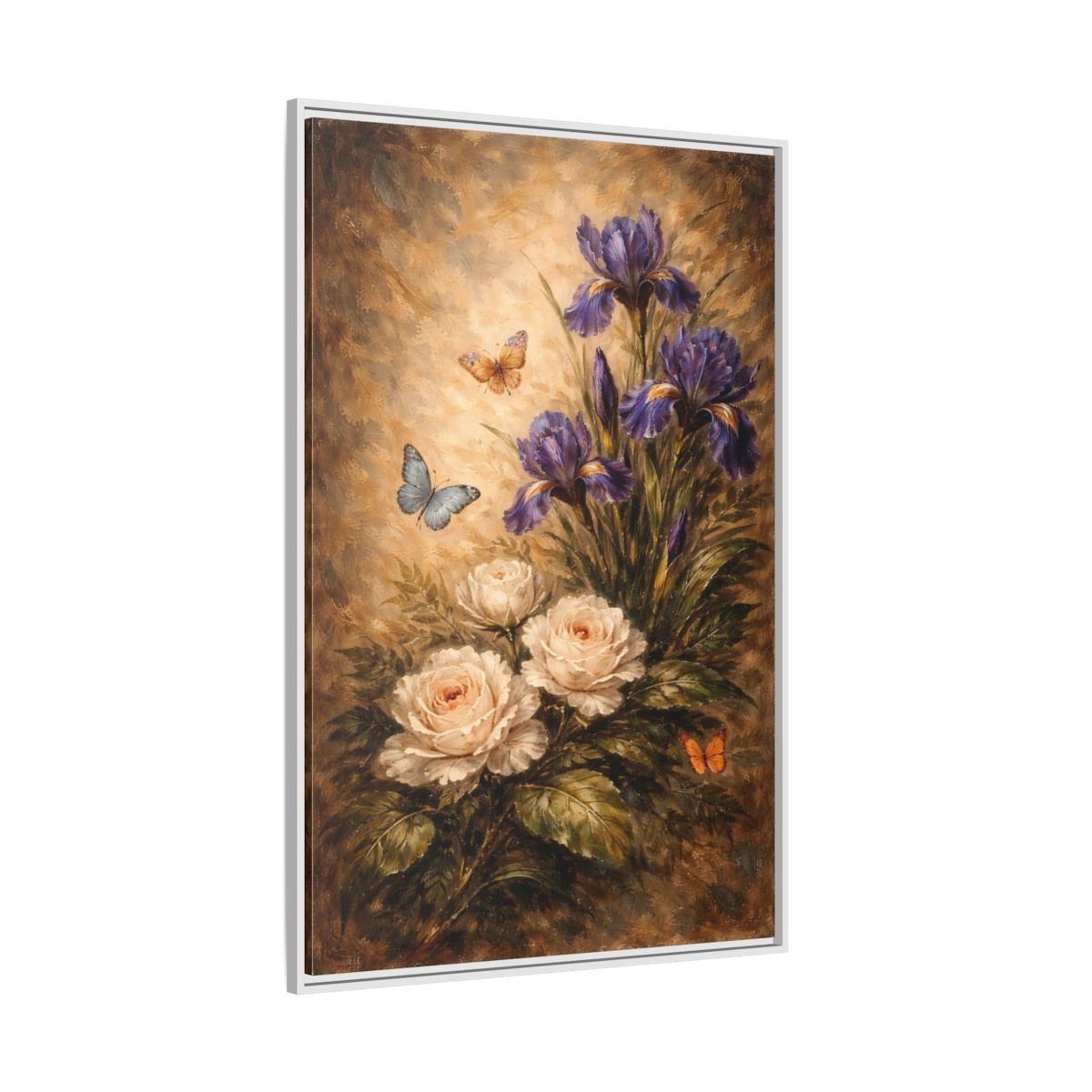 Floral Irises Roses Purple - Framed Canvas Wall Art Print - YesArtYes