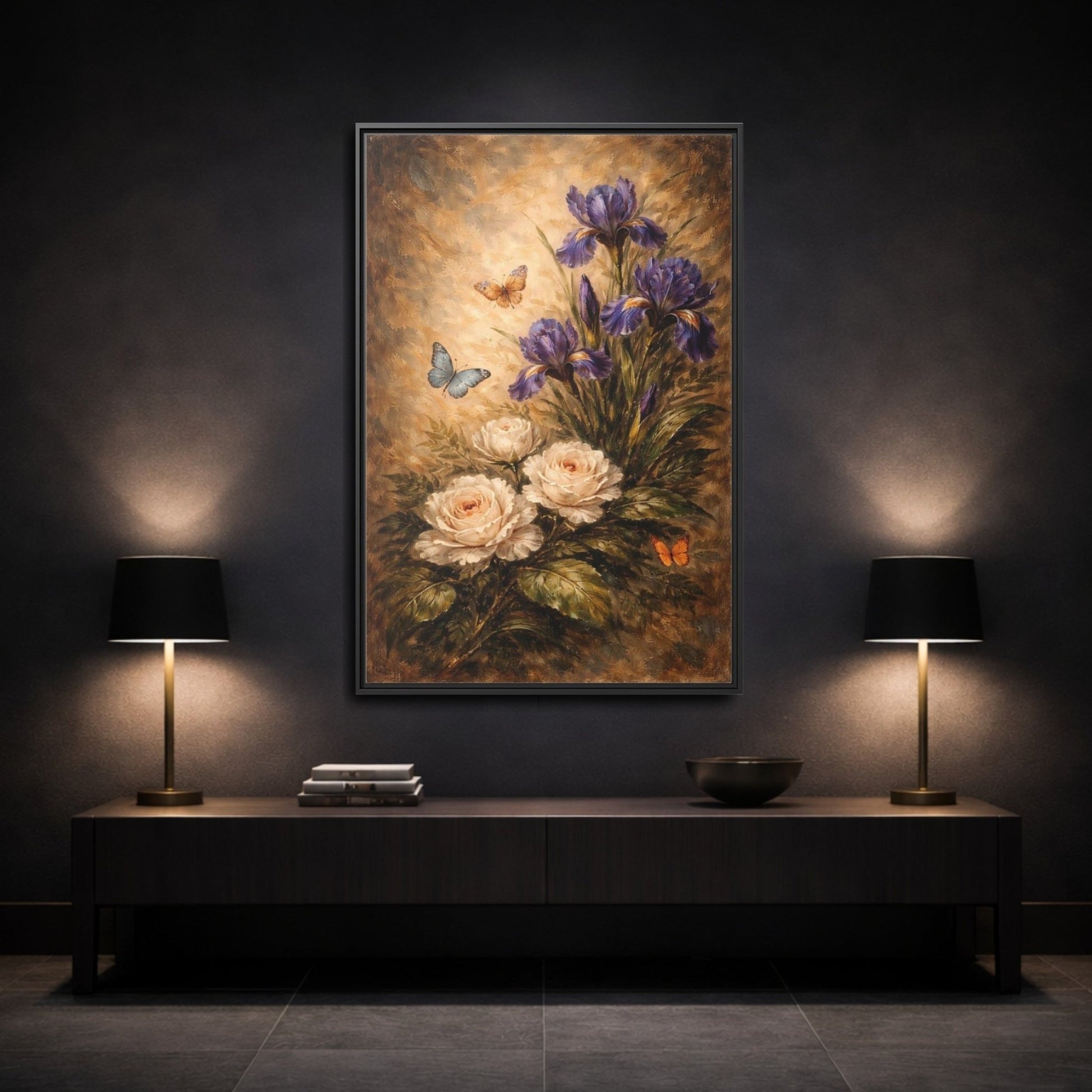 Floral Irises Roses Purple - Framed Canvas Wall Art Print - YesArtYes