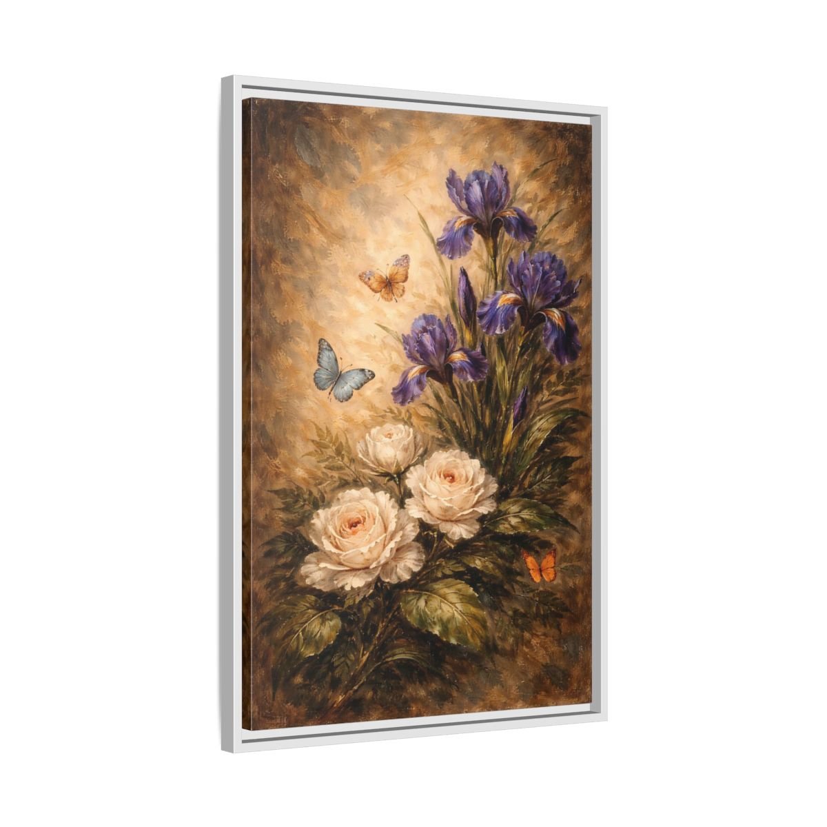 Floral Irises Roses Purple - Framed Canvas Wall Art Print - YesArtYes