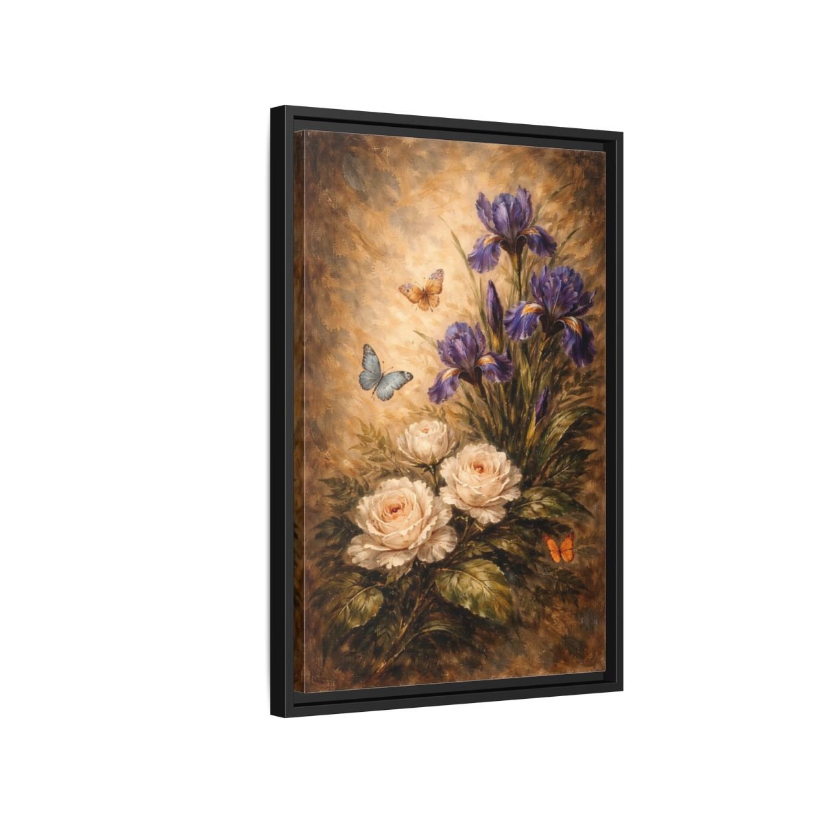 Floral Irises Roses Purple - Framed Canvas Wall Art Print - YesArtYes
