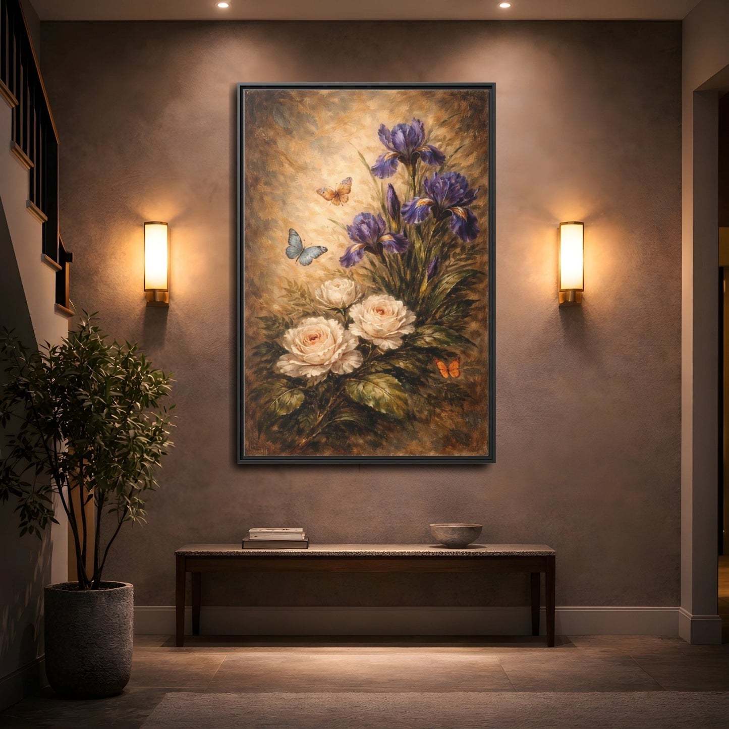 Floral Irises Roses Purple - Framed Canvas Wall Art Print - YesArtYes