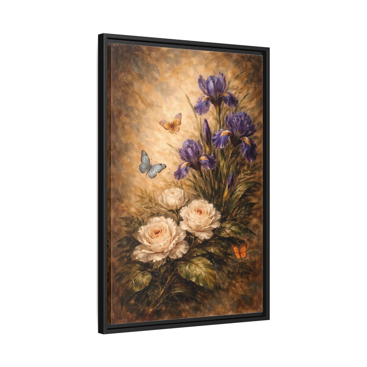 Floral Irises Roses Purple - Framed Canvas Wall Art Print - YesArtYes