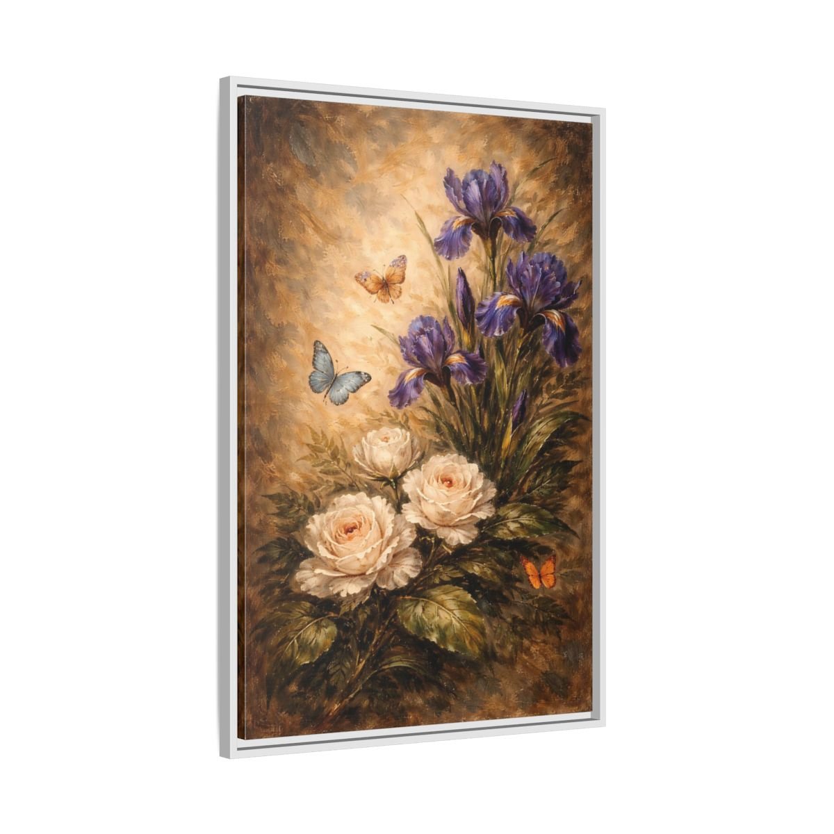 Floral Irises Roses Purple - Framed Canvas Wall Art Print - YesArtYes