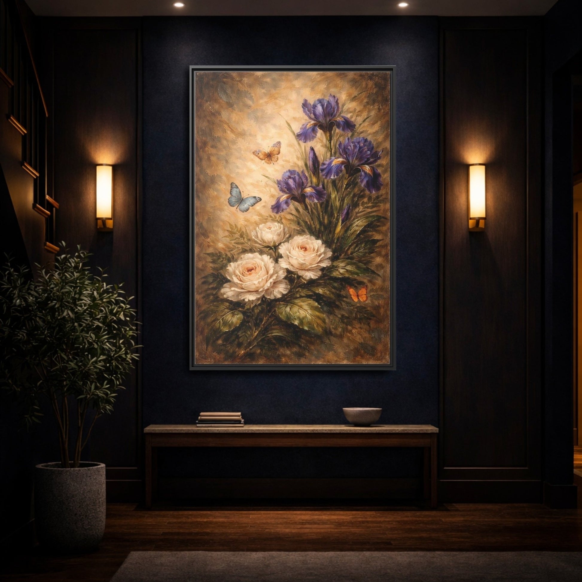Floral Irises Roses Purple - Framed Canvas Wall Art Print - YesArtYes