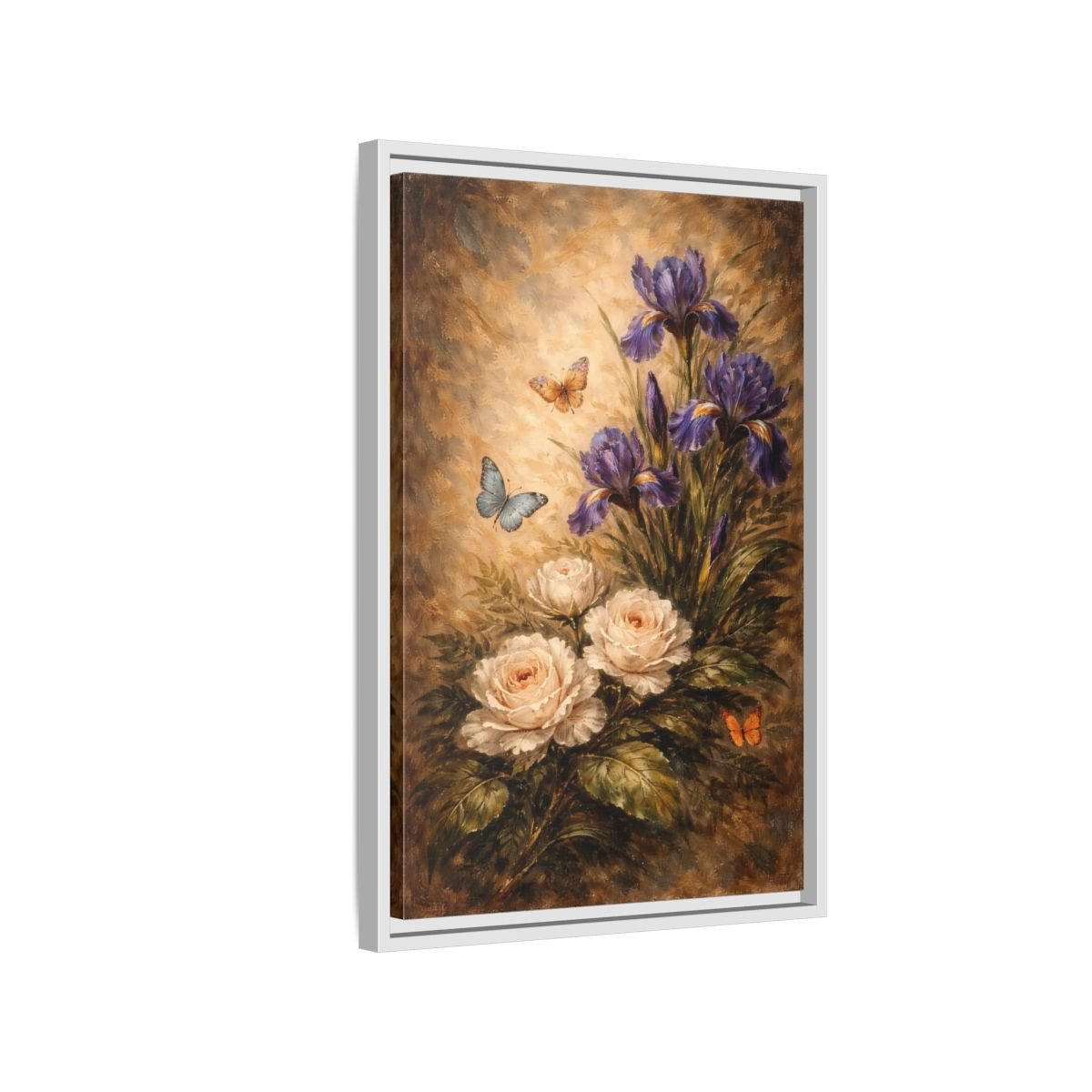 Floral Irises Roses Purple - Framed Canvas Wall Art Print - YesArtYes