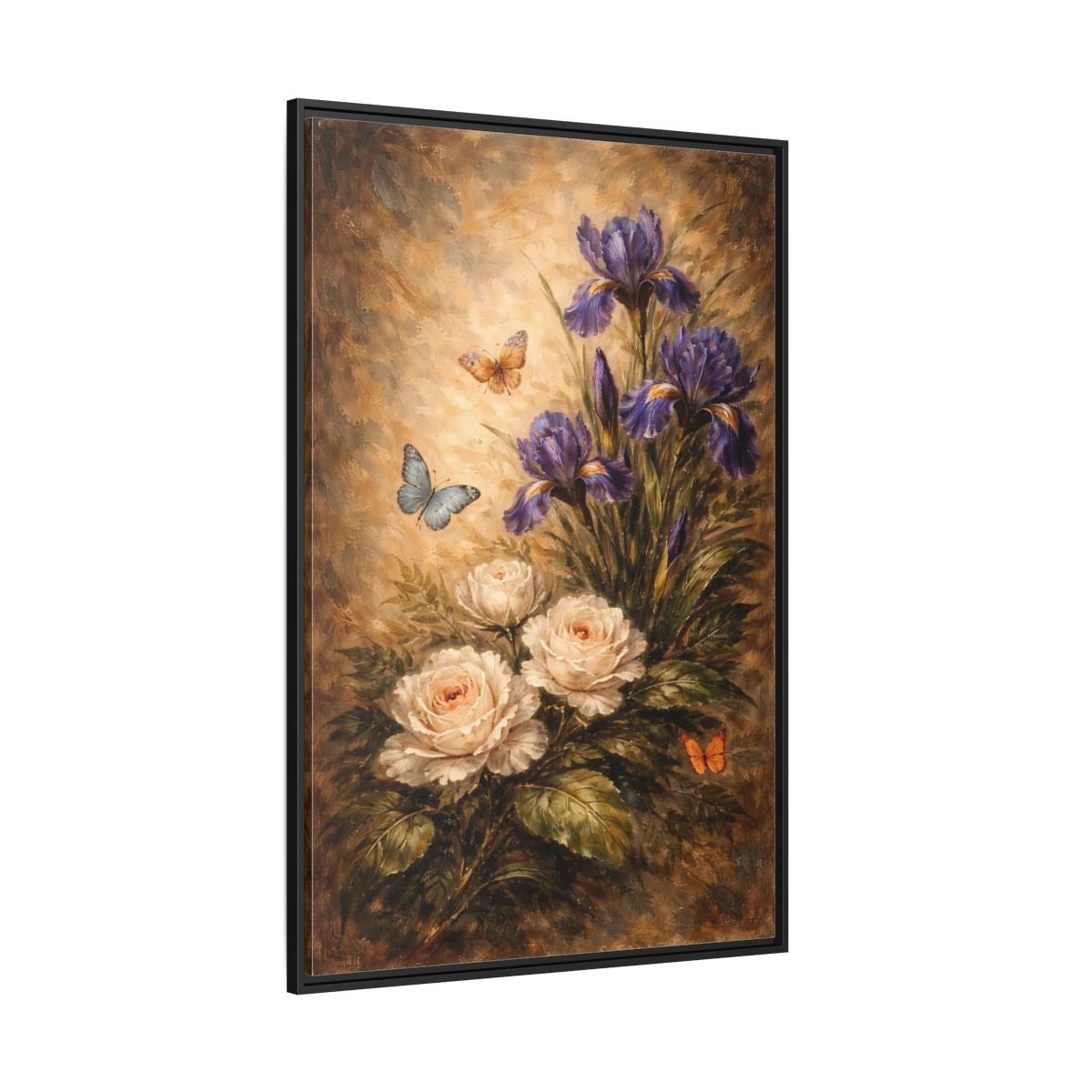Floral Irises Roses Purple - Framed Canvas Wall Art Print - YesArtYes