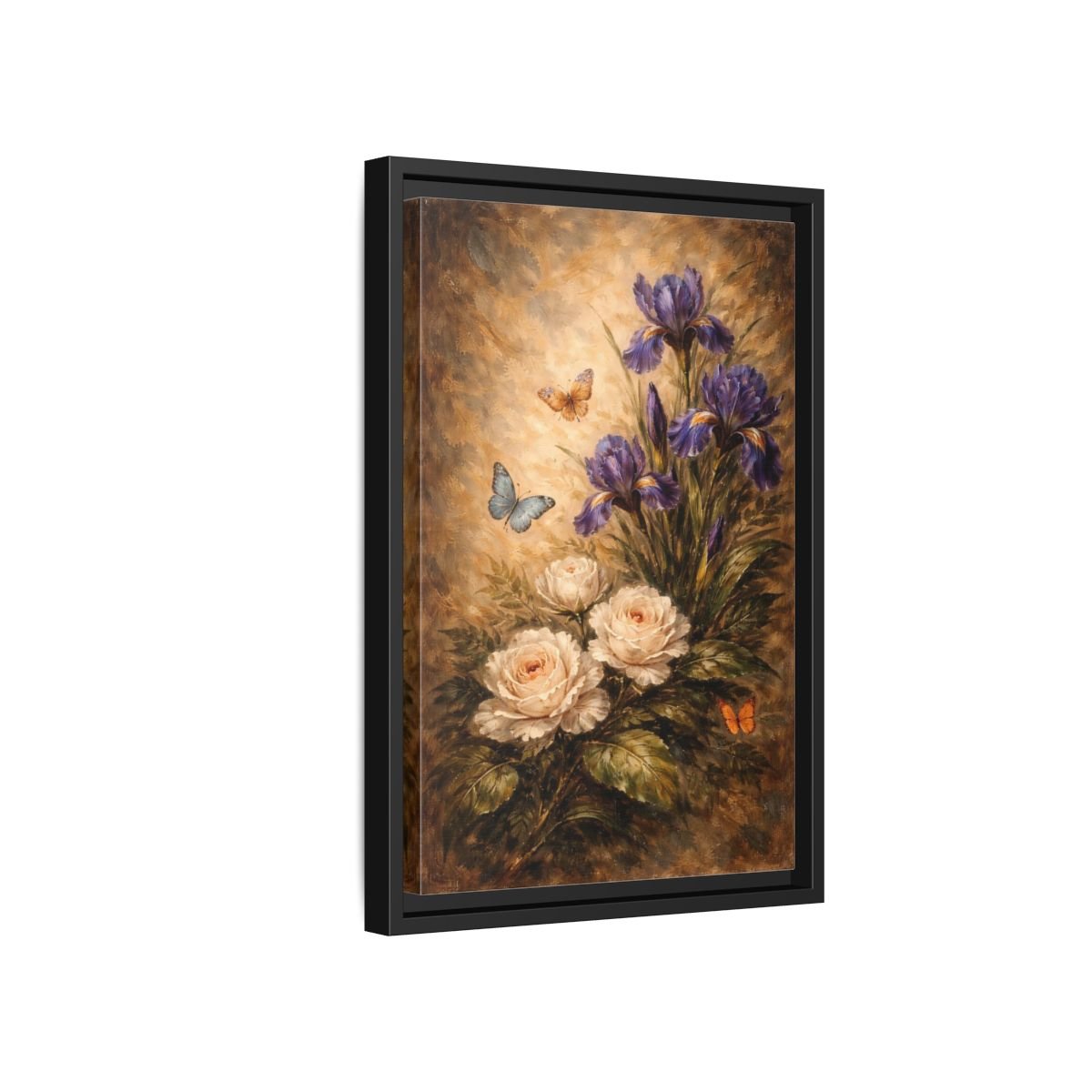 Floral Irises Roses Purple - Framed Canvas Wall Art Print - YesArtYes