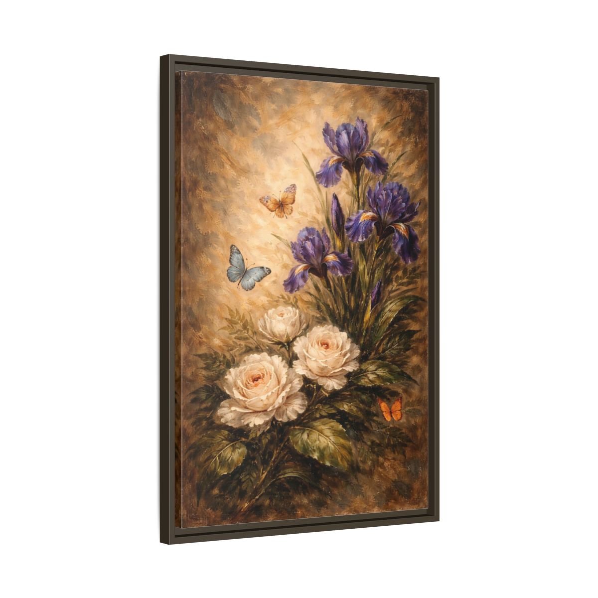 Floral Irises Roses Purple - Framed Canvas Wall Art Print - YesArtYes