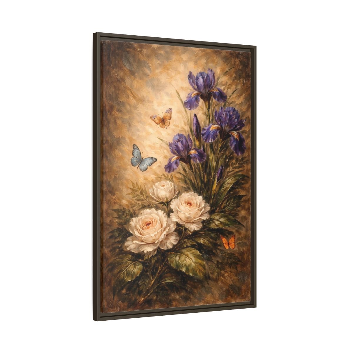 Floral Irises Roses Purple - Framed Canvas Wall Art Print - YesArtYes
