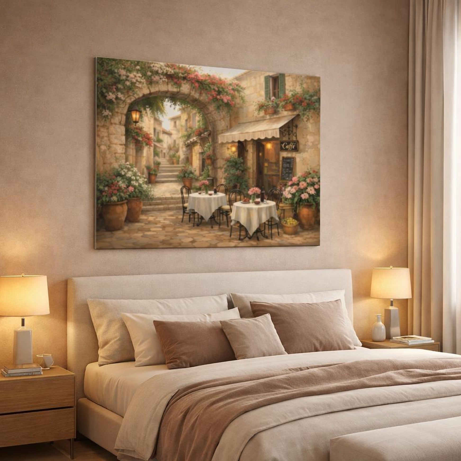 Floral Italian Alley Cafe shown as canvas wall art in a luxury bedroom
